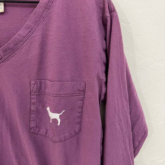 Victorias Secret PINK V-Neck Long Sleeve Pocket T-Shirt S Small Purple Logo Dog - Picture 2 of 5